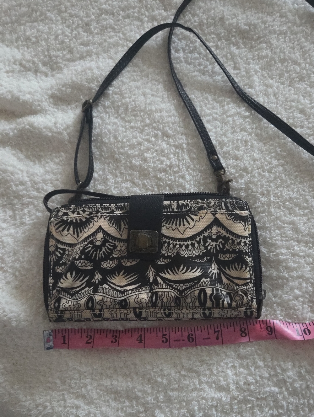 Black and Cream Patterned Crossbody Bag with Adjustable Strap